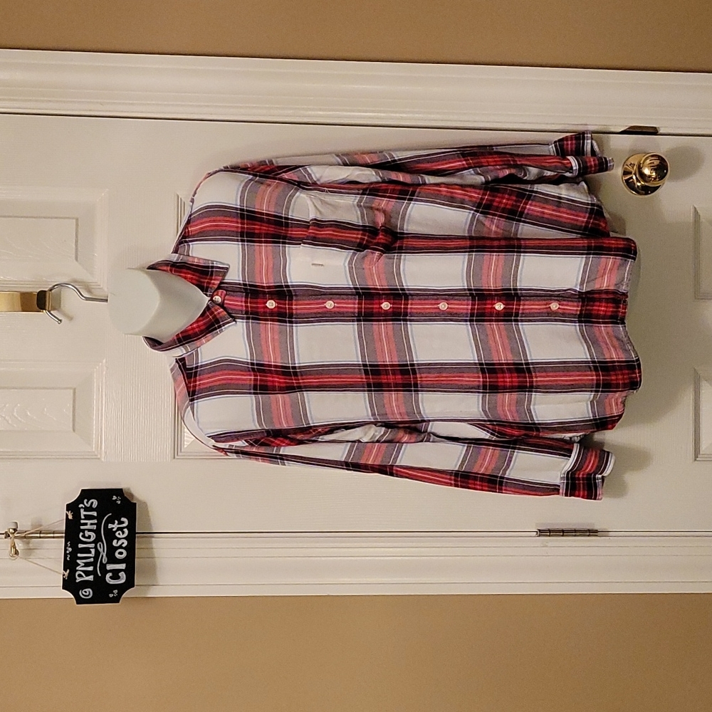 Levi's Button Up Shirt Large Boyfriend Fit Red White Plaid Long sleeve